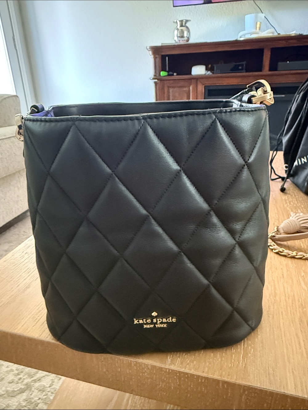 kate spade Black Quilted Crossbody Bucket Bag with Gold Hardware